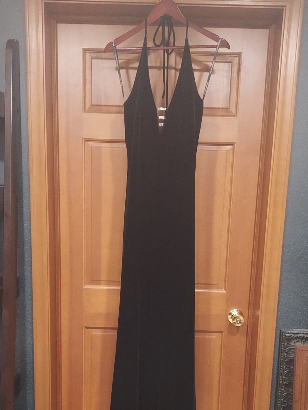 Morgan & Co. Black Velvet Backless Halter Evening Gown
